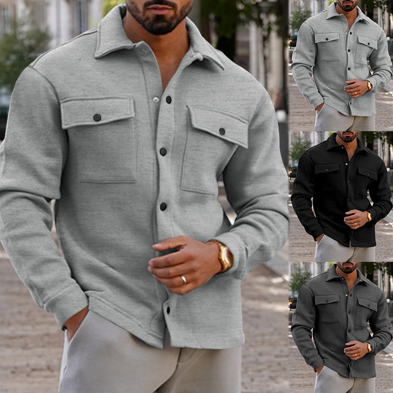 2025 Winter Casual Men's t shirt Fleece-Lined Turn-Down Collar Single-Breasted Solid Color Slim Fit Jacket