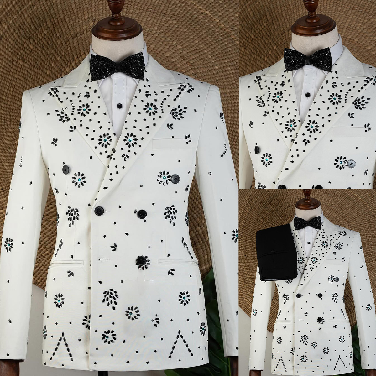 Luxury Men Suits 2 Pieces Set Tailor-Made Peaked Lapel Jacket Rhinestone Blazer Double Breasted Groom Customized Coat Black Pants Plus Size