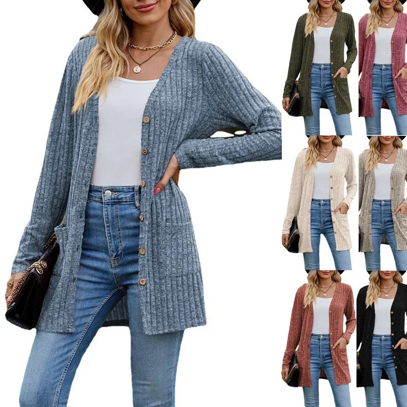 Autumn Womens Milled Pit Stripe VNeck Solid Colour Button Long Sleeve Ladies Casual Extensions Cardigan Jacket Coat250825