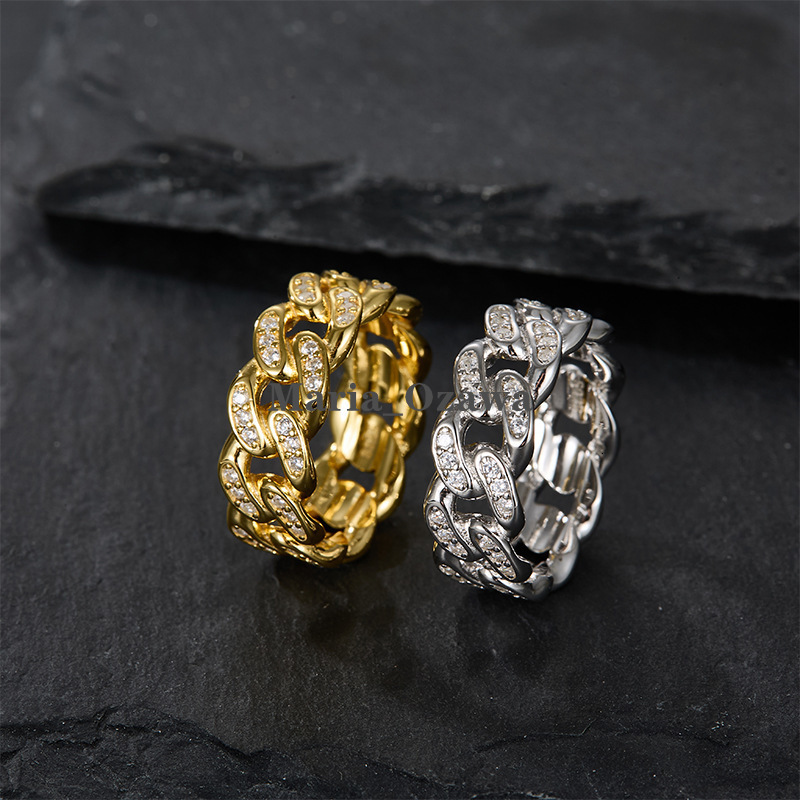 Trendy Gold Plated 925 Sterling Silver Moissanite Miami Cuban Link Chain Ring Iced Out Men Hip Hop Wholesale Jewelry