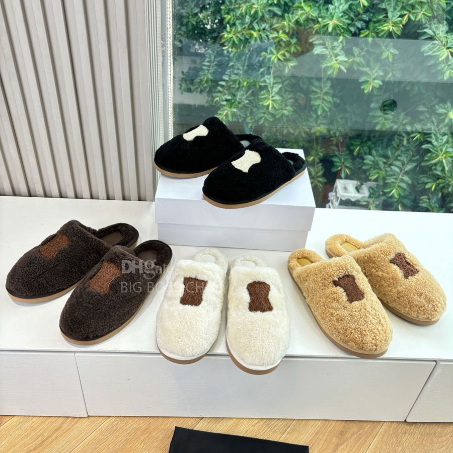 Top quality new Winter warm Fur slides Slippers Women's Wool furry Fluffy Slippers Flat Shearling sandals Mules Shoes Luxury Designer slides fo