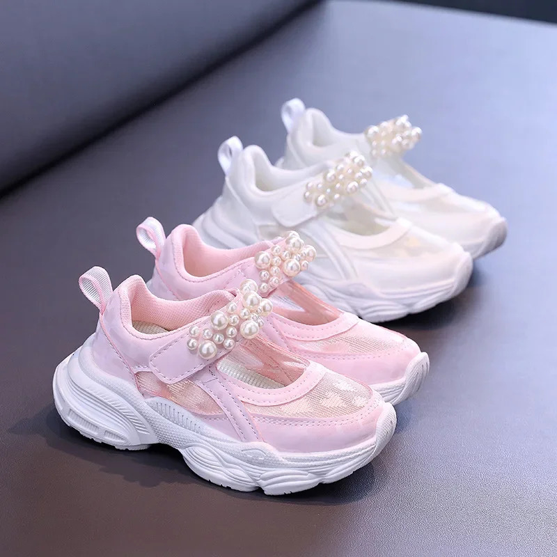 Girls Tennis Shoes Mesh Hollowed 2024 Summer Children Solid Color Pearl Sports Shoes Kids Princess Sneakers Cute Heart250825
