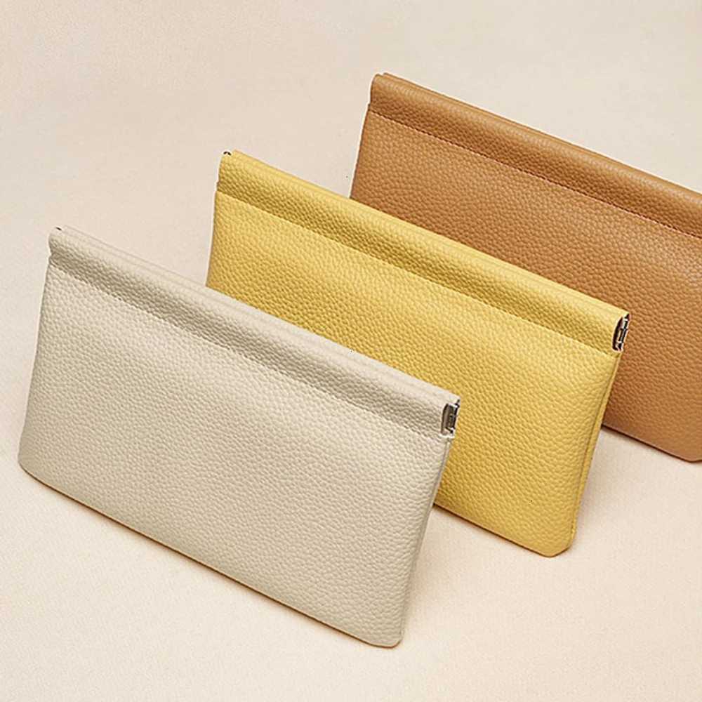 Selfclosing Firstlayer Genuine Cowhide Long Wallet Passport Drivers License Document Holder Data Cable Cosmetic Bag Storage W250826