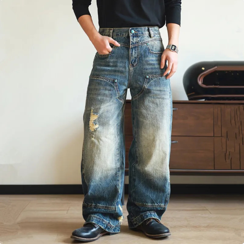 Cyber Y2K Streetwear Washed Blue Baggy Ripped Jeans Pants For Men Clothing Vintage Wide Leg Denim Trousers Pantalon Homme 250826