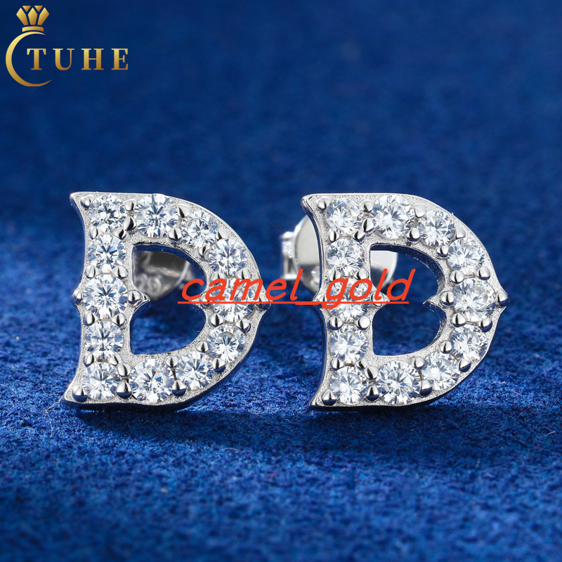 Hypoallergenic Spiral Letter D Stud Earrings VVS Moissanite Halo 925 Sterling Silver Gold Plated Hip Hop Unisex Jewelry