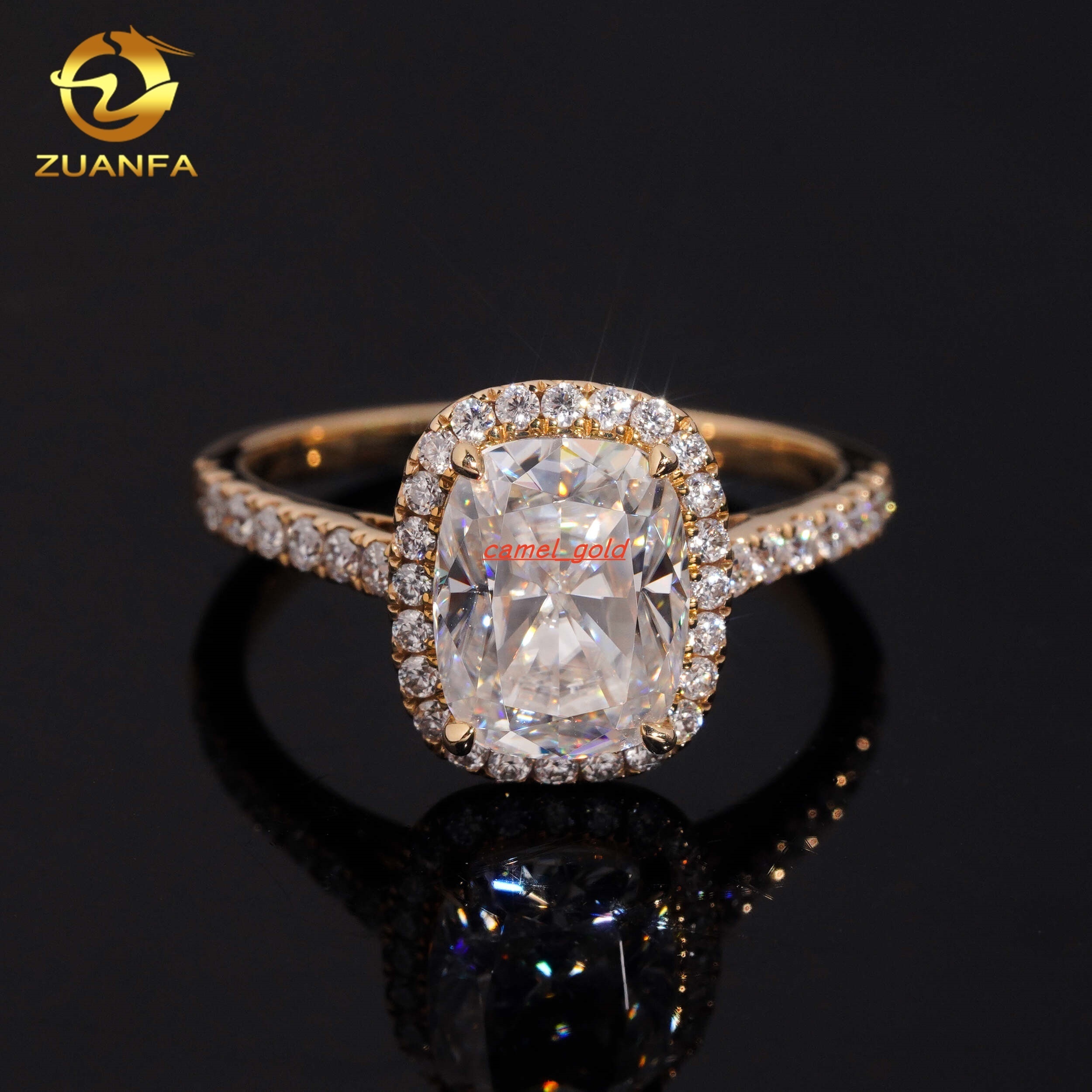 Zuanfa Made 14k Solid Gold Ring 3 Carats Halo Cushion Cut VVS Moissanite Women Ring Wedding Engagement Ring