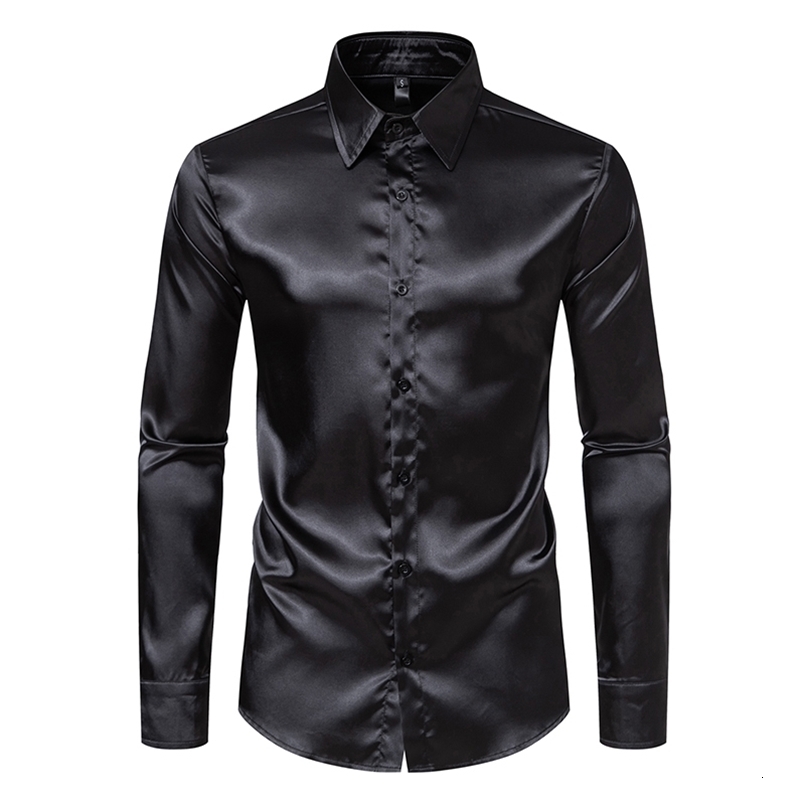 Mens Black Satin Dress Shirts Fashion Silk Smooth Tuxedo Shirt Solid Wedding Party Prom Casual Shirt Business Office250825