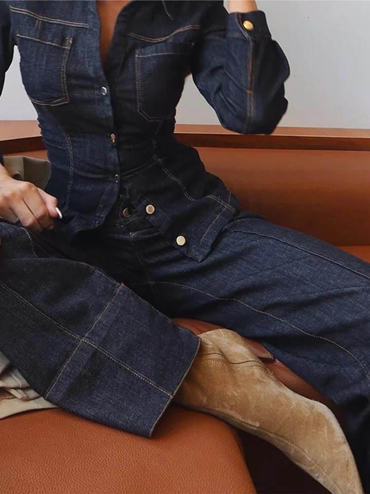Denim Pants Set Women Lapel Long Sleeve Single Breasted Slim Jacket Zippers Straight Jeans Trousers 2025 Spring Lady Streetwear250825
