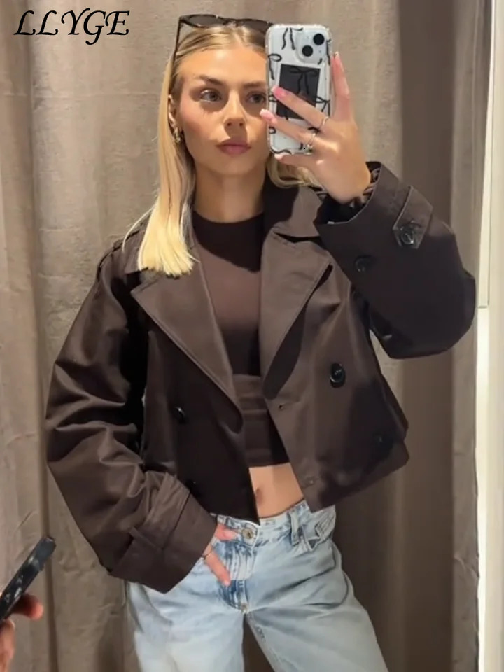 Elegant Womens Brown Cropped Trench Coats Chic Lapel Double Breasted Full Sleeve Coat Autumn Street Commute Outwear 250825