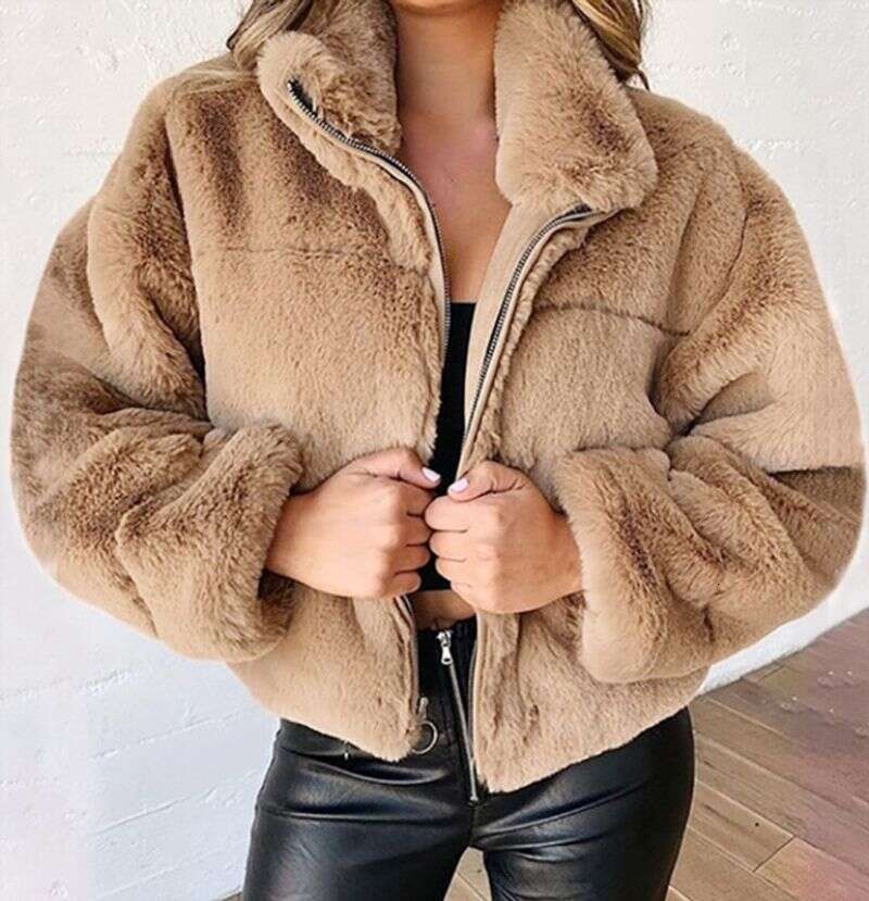 Women's Autumn Winter Faux Fur Short Coats Zipper Cardigan Plush Warm Coat Female Oversized Outerwear Overcoat Thick Jacket