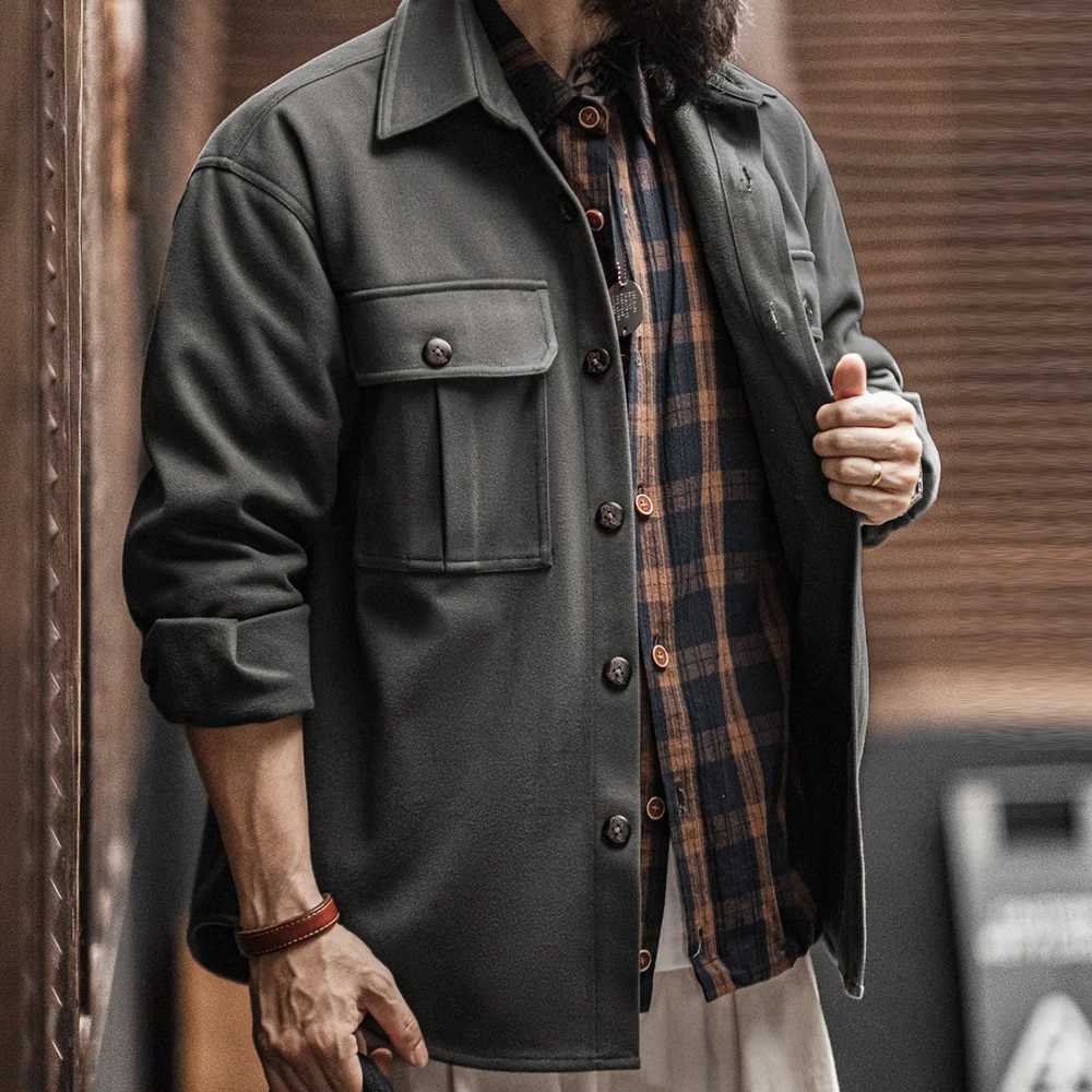 Madene Vintage Solid Color Lapel Jacket Loose Fit Heavy Weight Single Breasted Coat for Mens Autumn and Winter ShirtsXJ250826