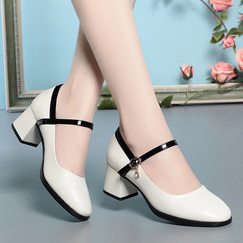 Vintage Shallow Bright Leather Mary Jane Women Spring Med Block Heels Shoes Black Beige For Office Dance Mom Fashion 250821