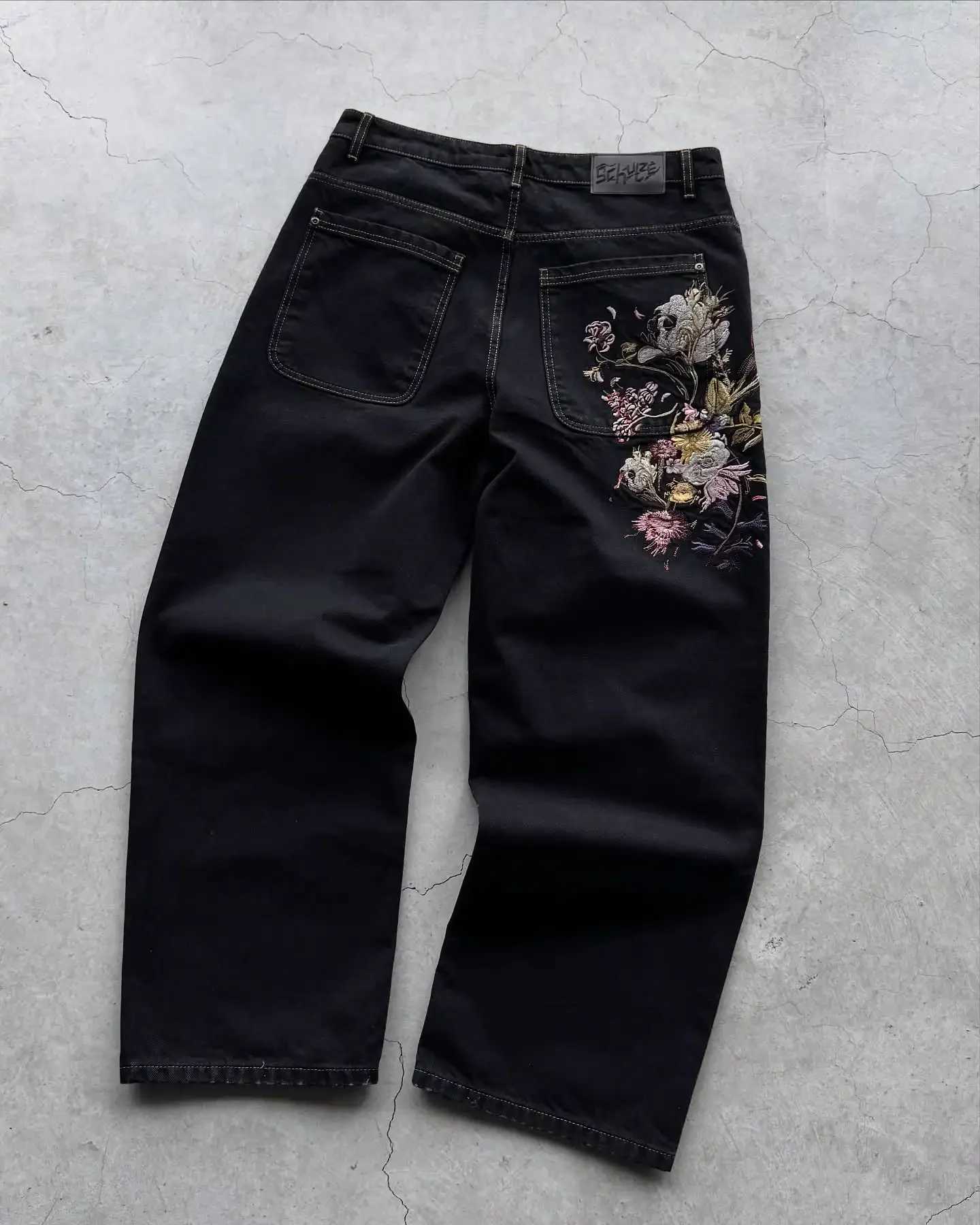 Garden of Low Waist Wide Leg Jeans Vintage Hip Hop Flower Pocket Embroidery Black Baggy Denim Pants Y2k Harajuku Streetwear L250823