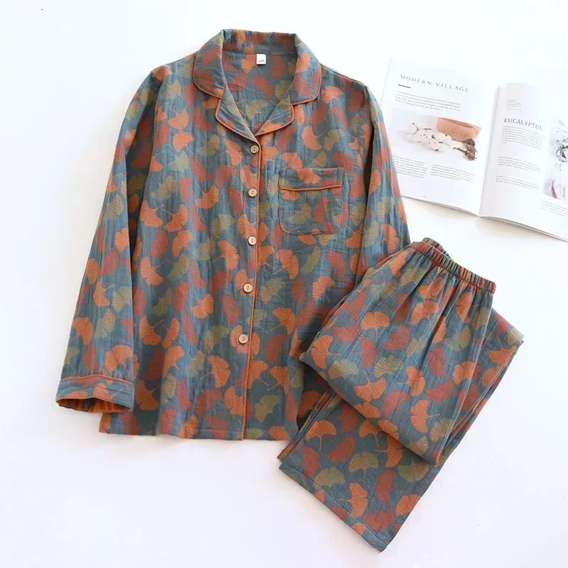 2025 spring and summer womens pajamas suit longsleeved trousers twopiece 100% cotton crepe flower leaves home clothes250825