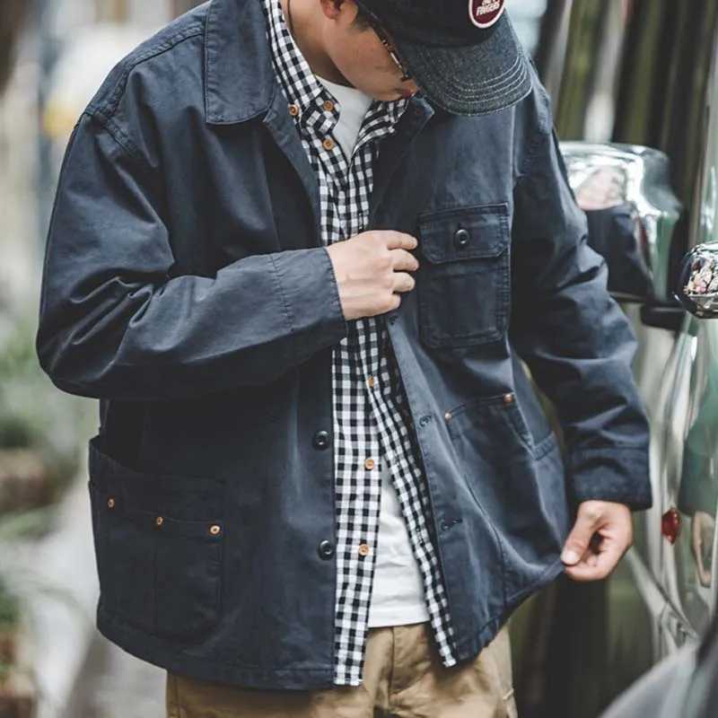 Maden Retro French Jacket MultiPocket Lapel Navy Heavyweight SingleBreasted Hunting Coat for Mens Spring and Autumn TopsXJ250826