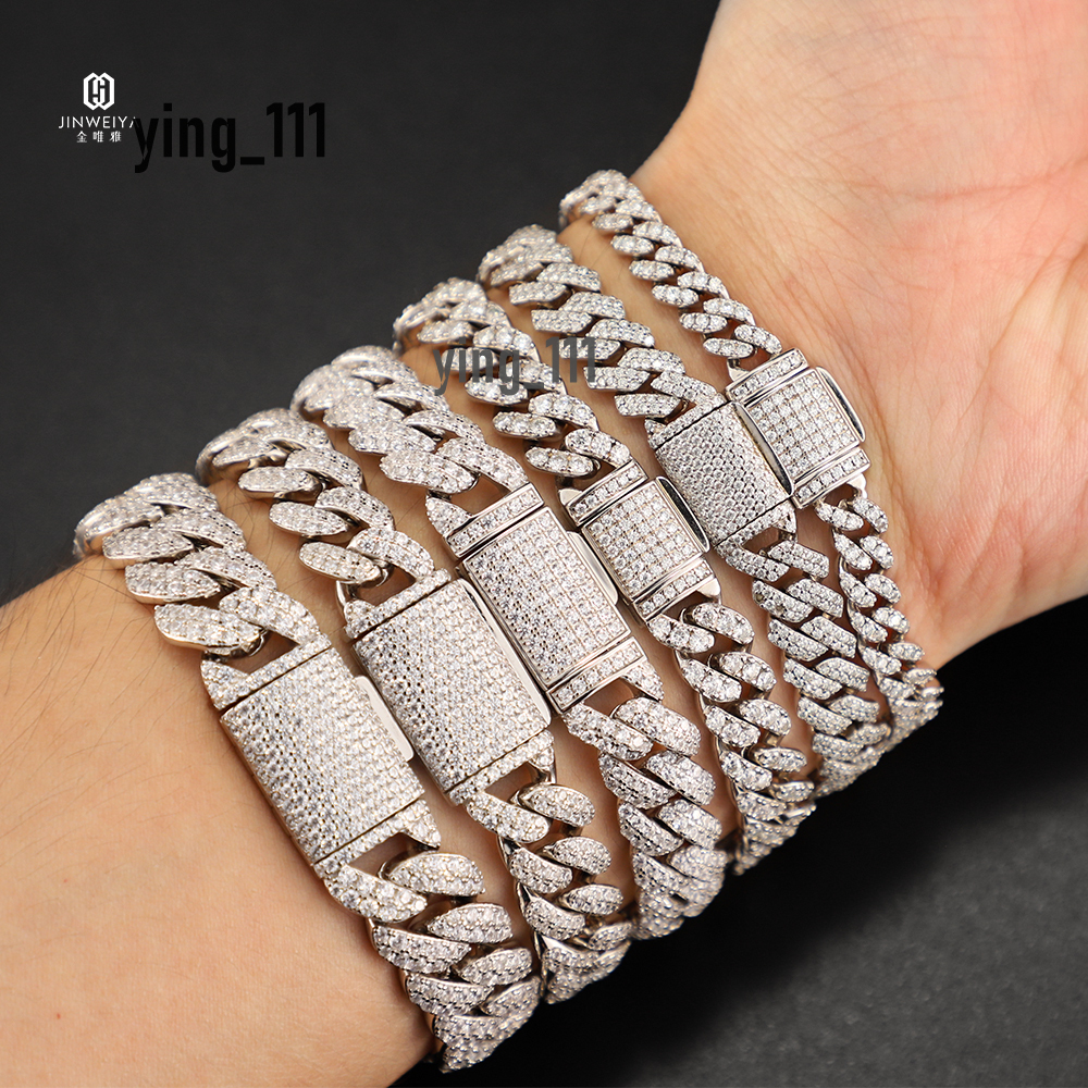 Hiphop 6mm14mm Wide 2rows VVS Moissanite Diamond Chain S925 Sterling Silver Iced Out Cuban Link Chain Cuban Bracelet