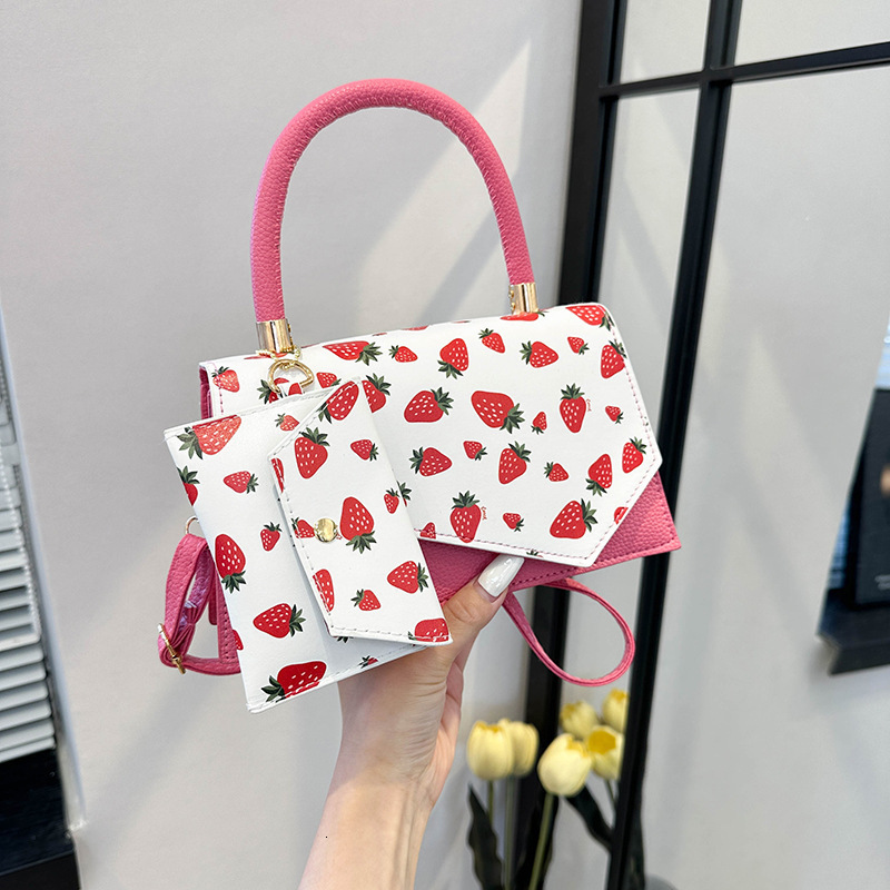 Trendy Fashion Large Capacity Casual Simple New Strawberry Print Single Shoulder Crossbody Underarm Handheld Small Square Bag