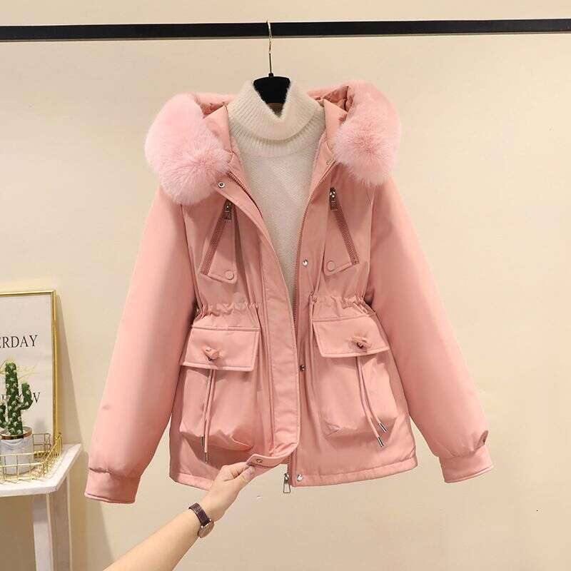 Women's fashionable medium to long length jacket with plush lining and hood, 2025 new leather collar, winter jacket, warm snow jacket