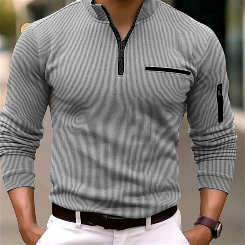 mens arm zipper spring and fall leisure sports solid color striped pocket long sleeve poro shirt250825ww