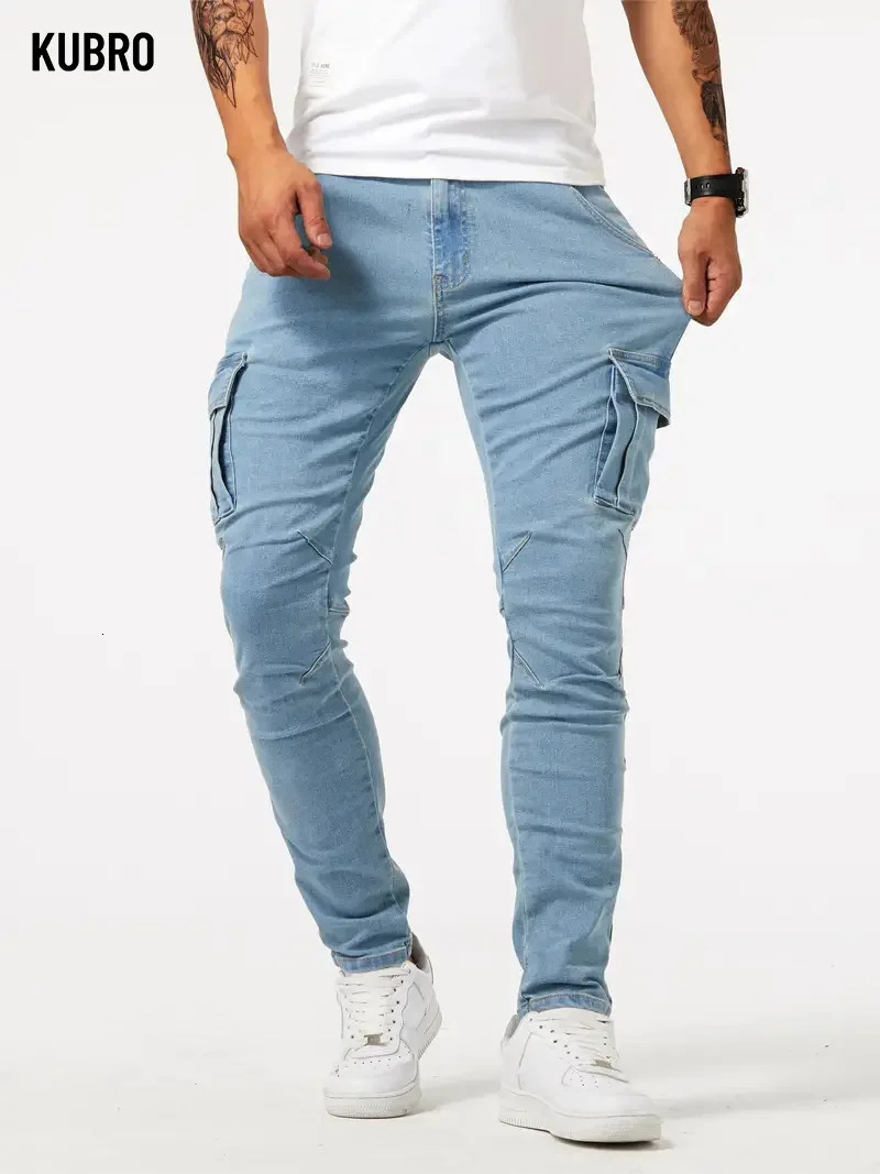 Street Elastic Jeans Men Denim Cargo Pants Wash Solid Color Multi Pockets Casual Mid Waist Trousers Slim Fit Daily Wear Joggers250825
