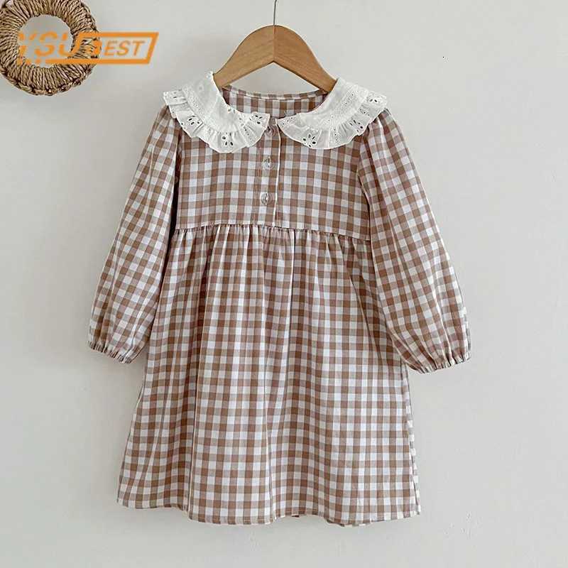100 Cotton Long Sleeve Sweet Doll Collar Plaid Princess Dress for GirlsXJ250826