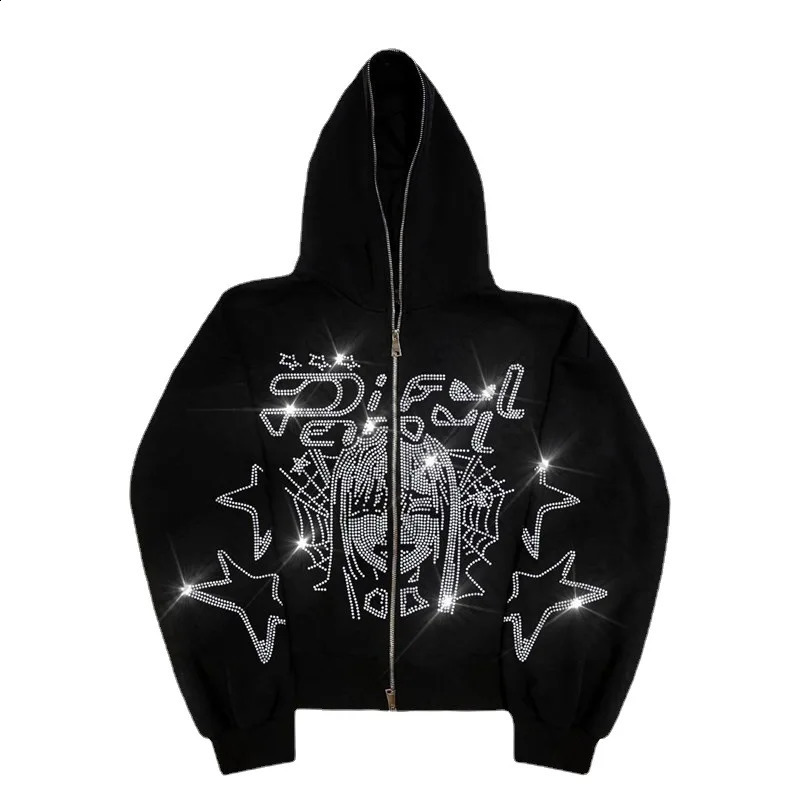 Men's Rhinestone Zip-Up Hoodie, Sport Hooded Sweatshirt with Acetate Fabric - Full-Zip Party Layer for Four-Season Wear, Sparkle Top for Casual Outf