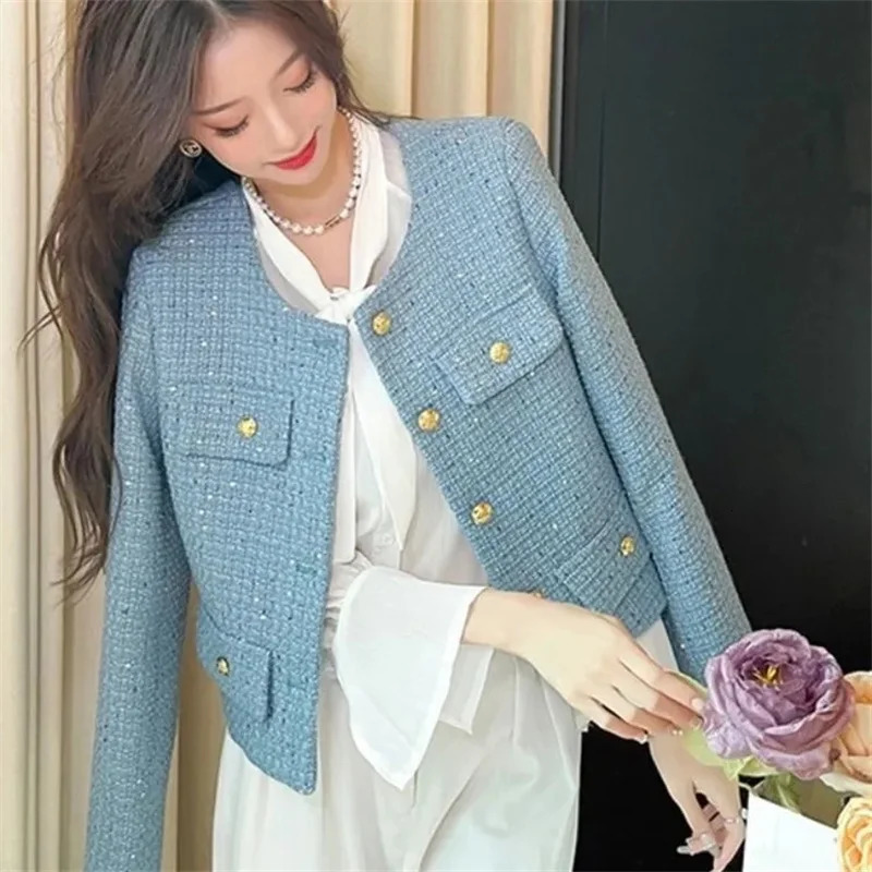 Fashion Korean Spring Tweed Short Jackets Outerwear Elegant Women Round Collar Single Breasted Female Small Fragrance Coat 250826