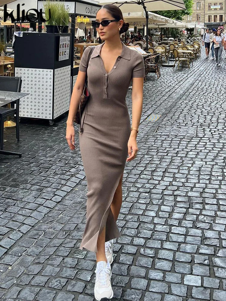Kliou Elegant Office Lady Maxi Dress Women Solid Fashion Turndown Collar Short Sleeve Button Side Slit BodyShaping Street Robe250825