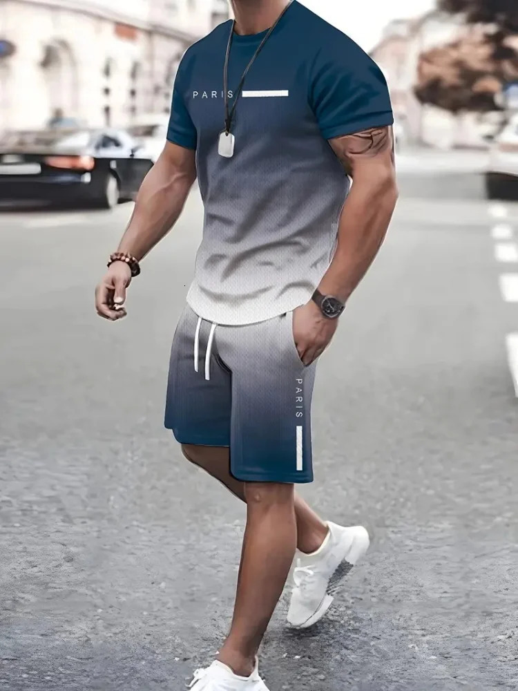 Summer Simple Letter Print Mens Crew Neck Short Sleeve Top And Shorts Harajuku Street Fashion Mens Suit Everyday Casual Comfor250826
