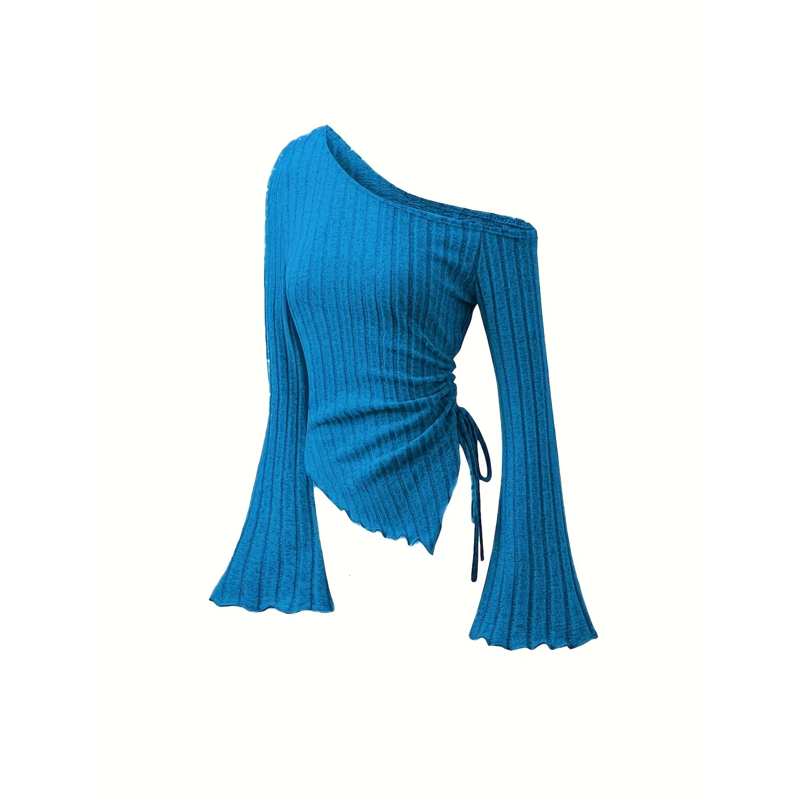 womens off shoulder cross long sleeved slim fit casual street style asymmetrical elegant Tshirt trumpet sleeve top 250826