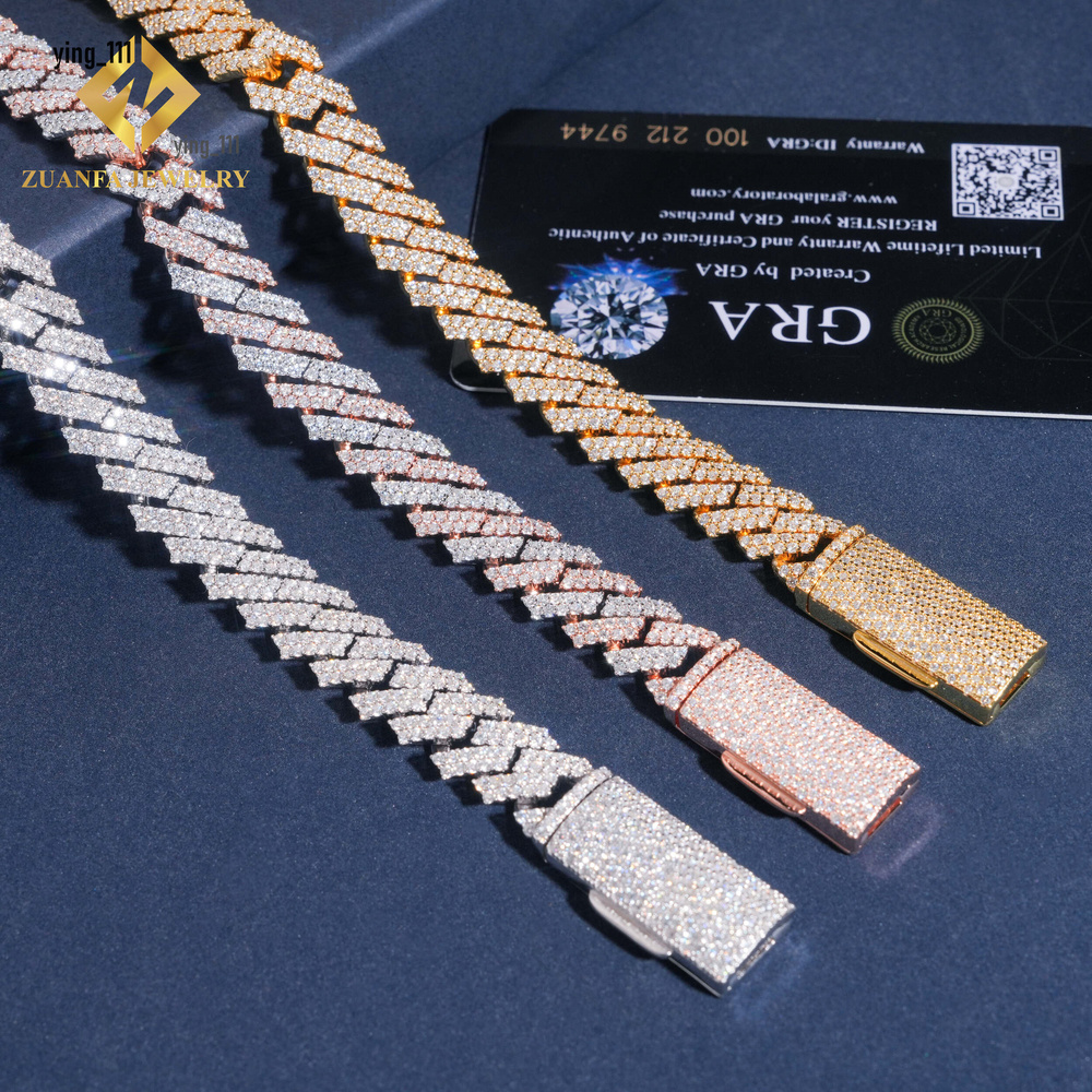 Ready to Ship Moissanite Pass Diamond Tester 925 Silver Gold Plated 12mm 2 Rows Cuban Link Chain Fine Jewelry