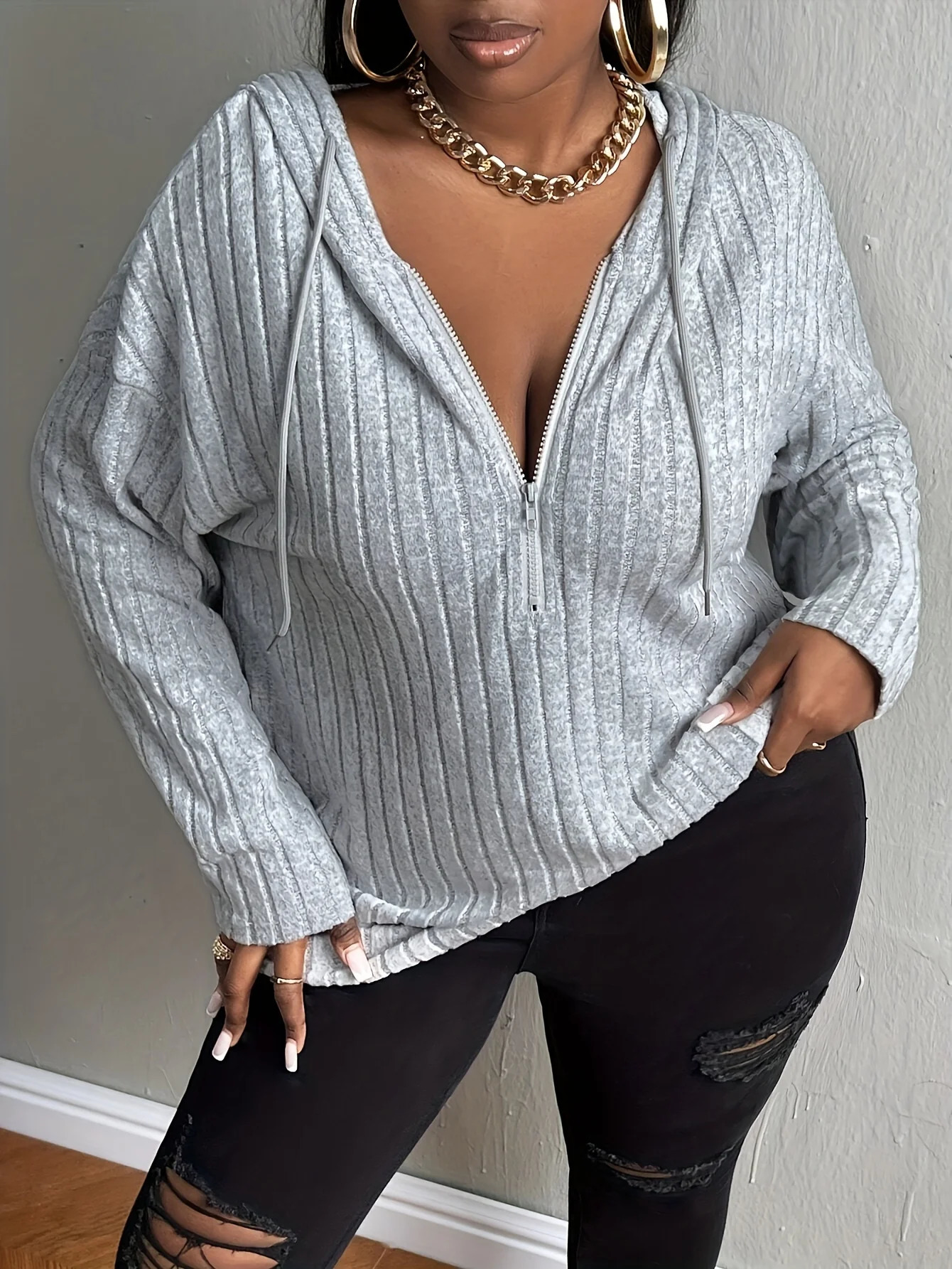 Plus size European and American crossborder autumn and winter casual solid color half zipper hooded sweatshirt250825