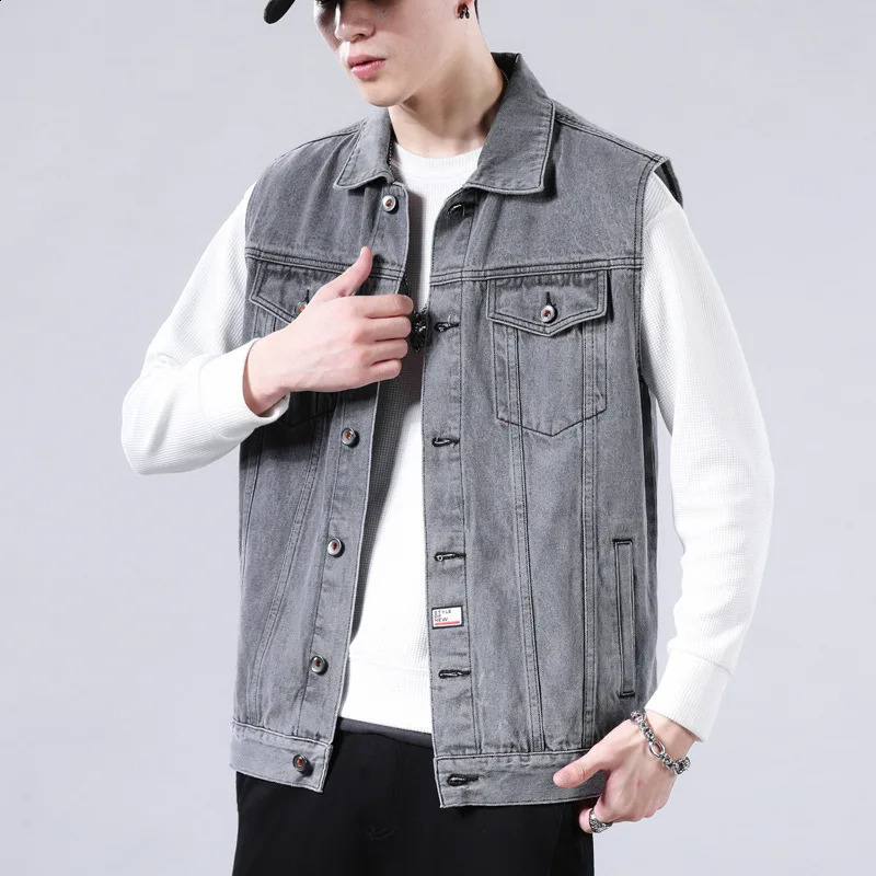 Mens Spring Fashion Loose Denim Vest Coat Korean Casual Handsome Lapel Single-breasted Denim Vest Coat with Pockets Men 250823