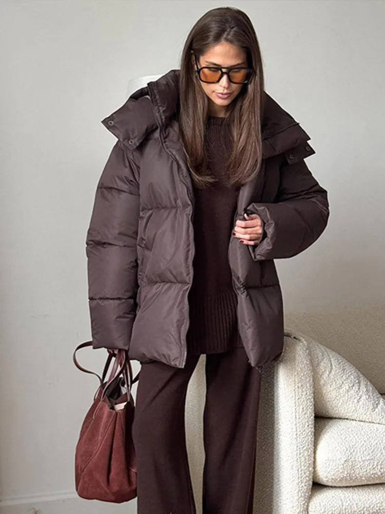 Women Winter Coats Thick Warm Cotton Parkas Loose Stand Collar Long Sleeve Hooded Outerwears Lady Casual Coat 250825
