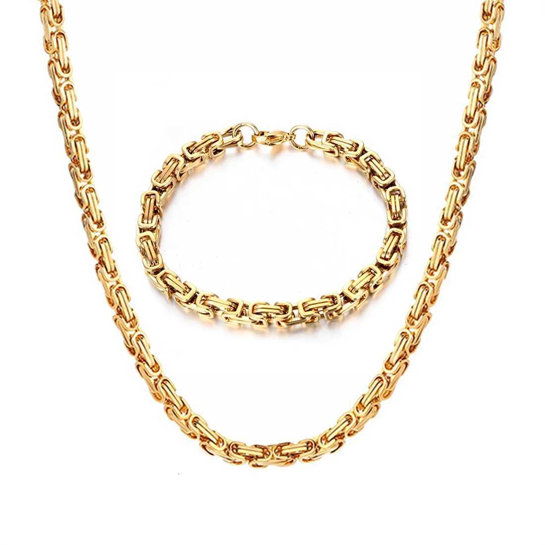 Punk Byzantine Chain Necklace Bracelet Set Gold Silver Color Stainless Steel Chains for Women Men Vintage Fashion Jewelry SetsXJ250826
