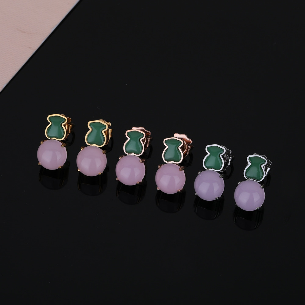 Stud Stud Fashion Women Men Girls Bear Silver Rose Gold Stainless Steel Round Animal White Pink Bead Round Span Stud Earrings Jewelry
