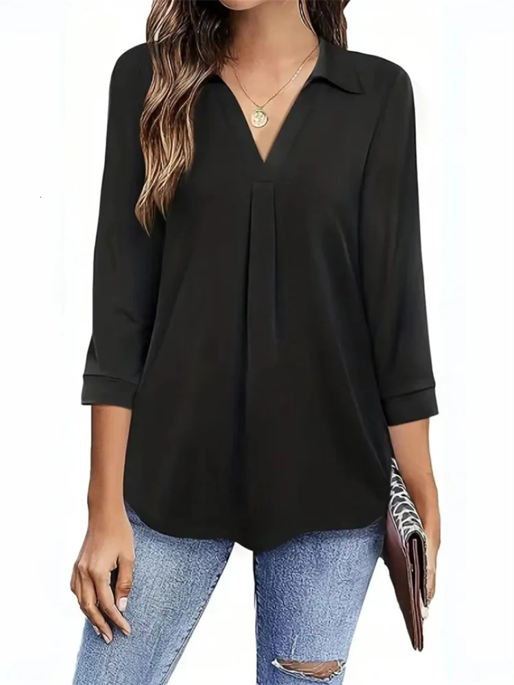 Women Spring Summer Style Blouses Shirts Lady Casual Three Quarter Sleeve Turndown Collar Solid Color Loose Blouse Tops DF5012250825