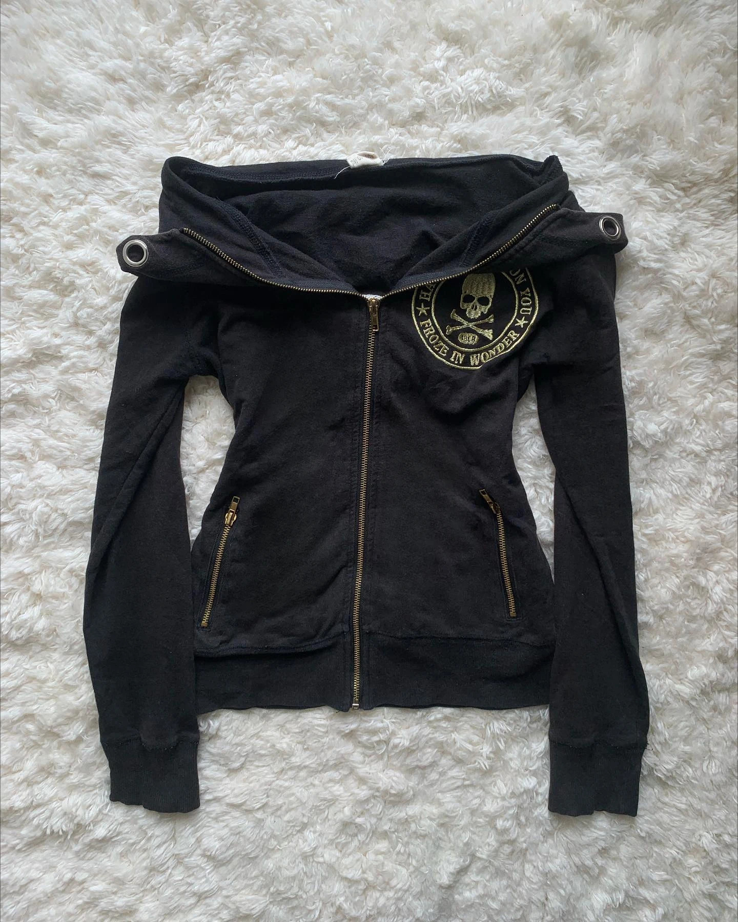 Y2K Retro Zipper Hoodies Women Harajuku Sexy Slim Fit Sweatshirt Autumn Skull Graphic Embroidery Hooded Jacket Gothic Clothing250825