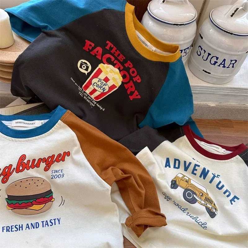 Childrens Boys Long Sleeve Tshirt 2025 Korean Spring Autumn Pure Cotton Boys Tops Printed Contrasting Bottom Shirt Z250826