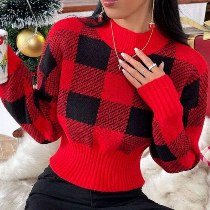 Women's Clothing Christmas style knitted autumn and winter new round neck loose jacquard plaid fashion sweater