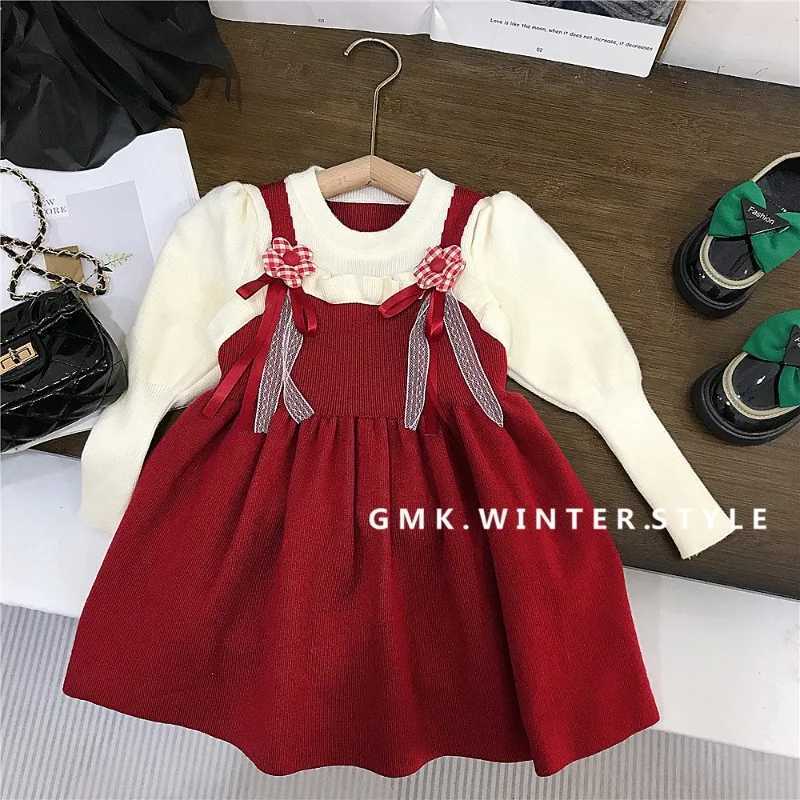 Girls Dress Childrens Autumn Red Pink Knitted Sweater Warm Princess Puff Sleeve Charming Ruffle Floral Elegant DressXJ250826