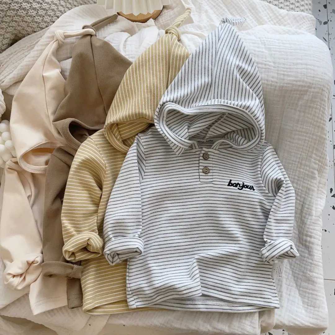 2025 Korean Autumn Infant Baby Boys Tops Hooded Long Sleeved Toddler Boys Tshirt Button Striped Kids Baby Boys Wide Sweatshirt Z250826