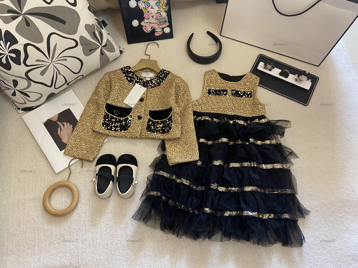 Top girls dress set Autumn child overskirt kids designer clothes Pleated sequined pocket jacket and skirt A095X03N070-image-1072635682