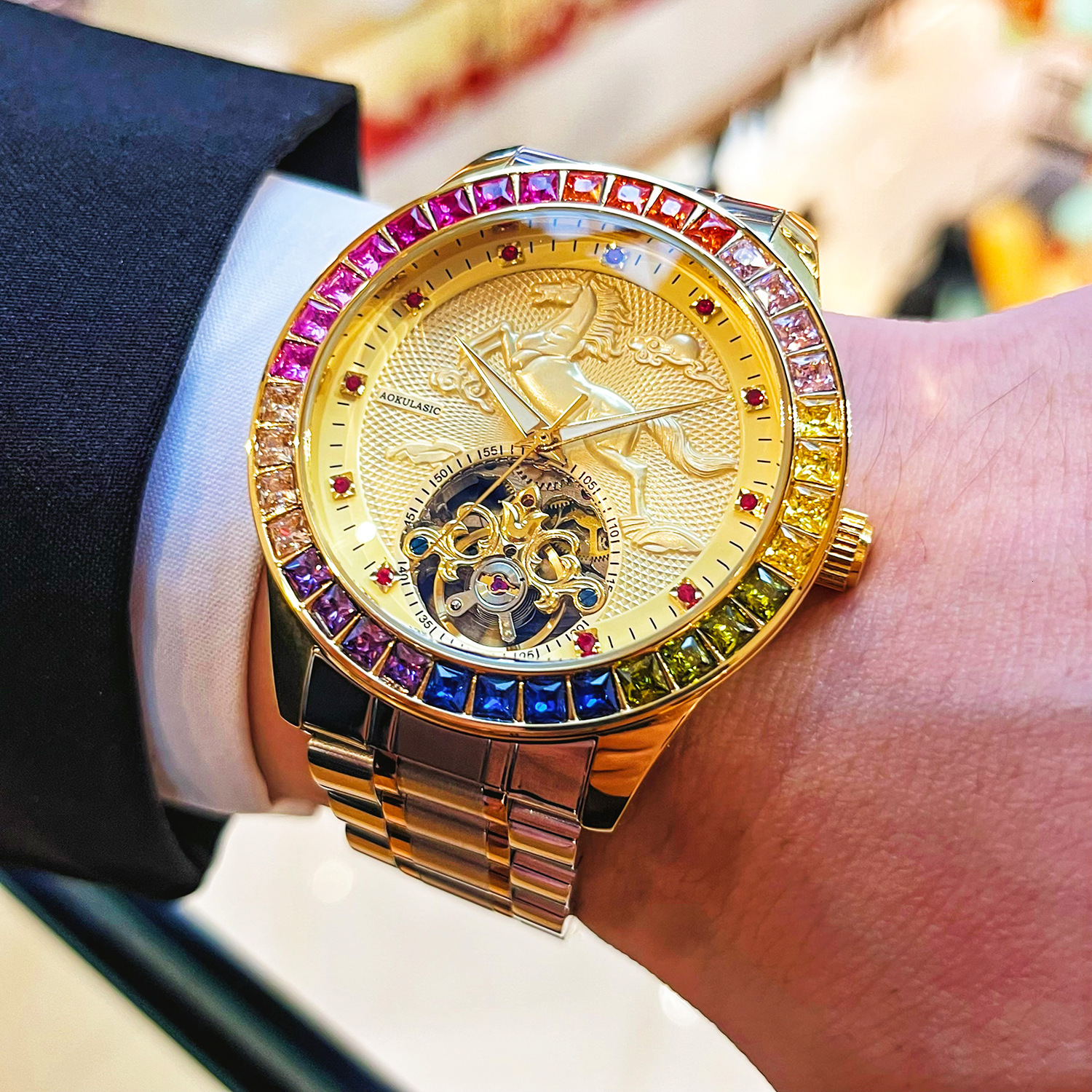 designer jewelry Colorful Diamond Galloping Golden Horse High-end Large Flywheel Fully Automatic Mechanical Men Watch Luxurious Business Casual Wris