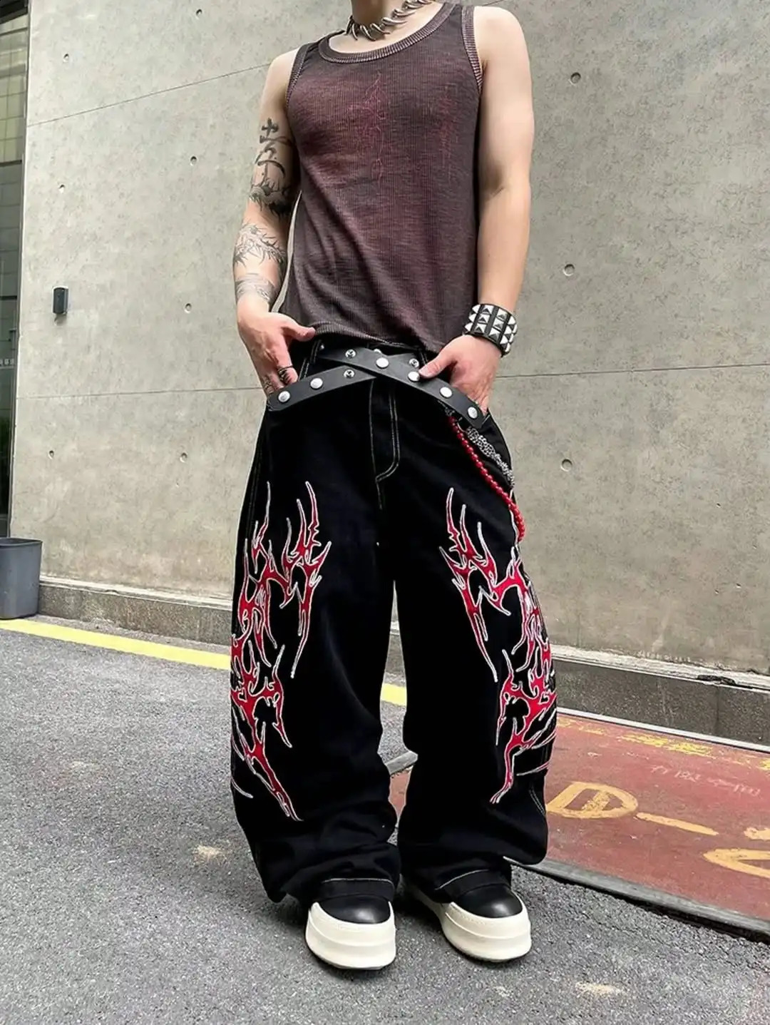 Y2K Fashion Street Jeans Harajuku Hip Hop Retro Loose Red Stripe Printing Baggy Jeans Denim Pants Men Women Gothic Wide Trousers 250826
