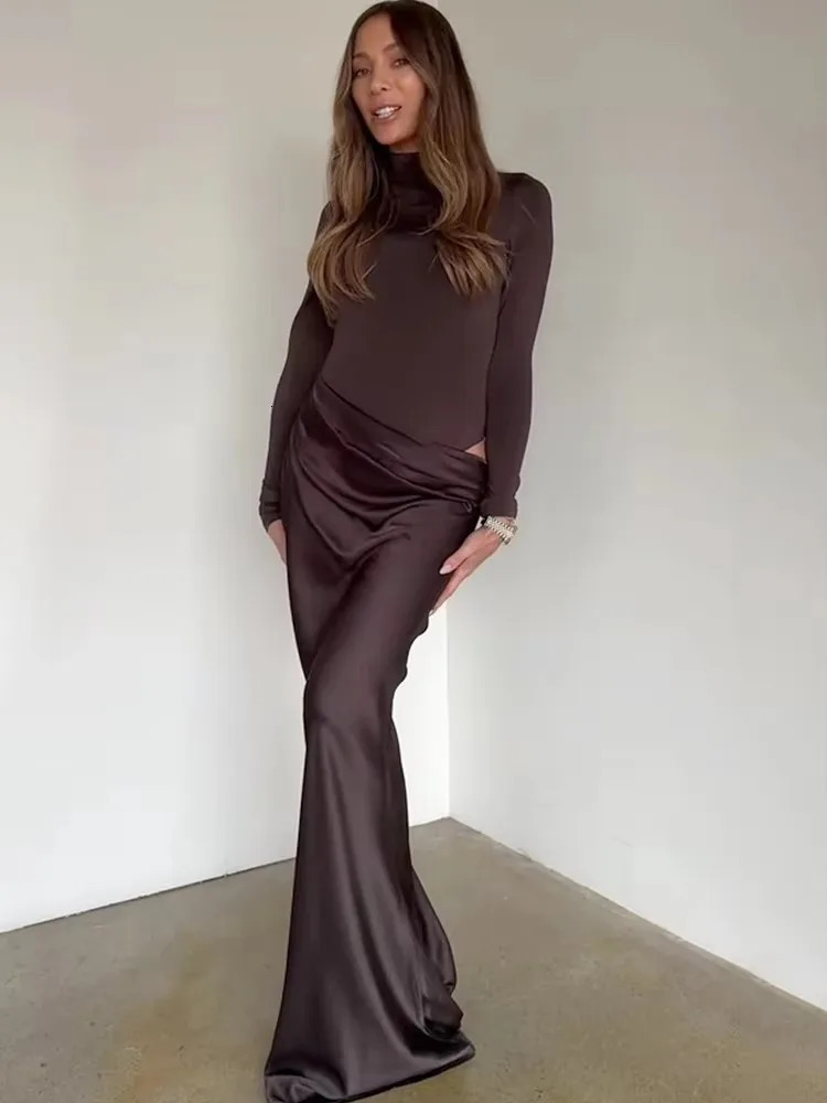 JULISSA MO Turtleneck Satin Sexy Hollow Out Zipper Women Maxi Dress Black Patchwork Long Sleeve Slim Elegant Party Evening Dress250825