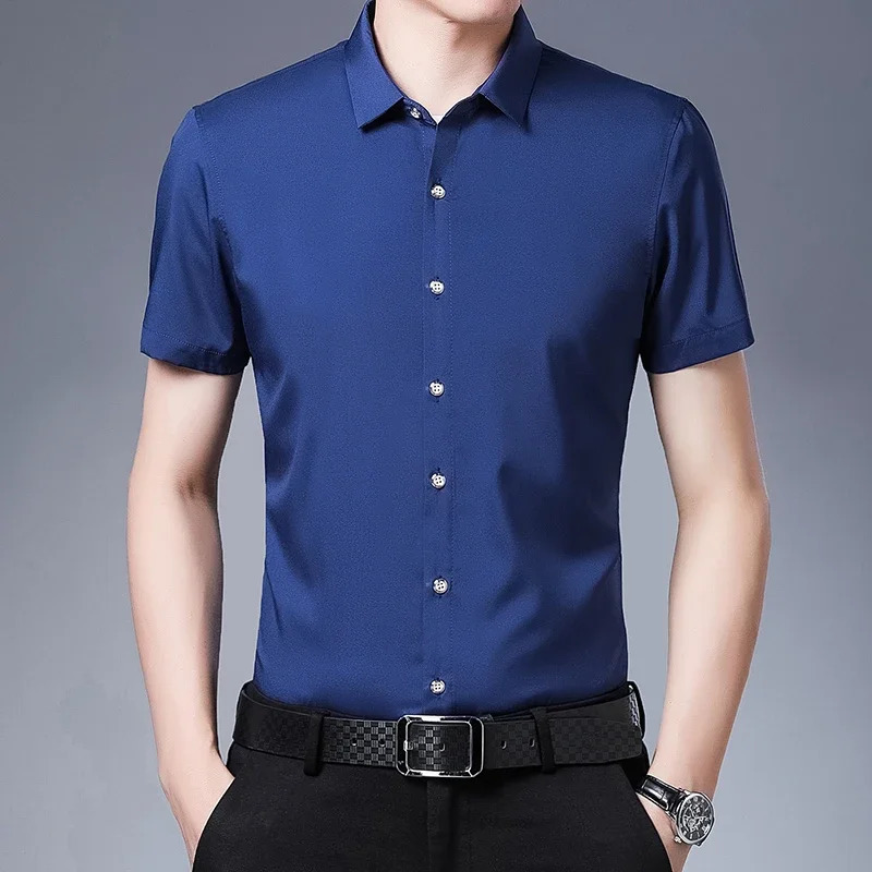 Mens Business Casual Solid Color Short Sleeved Shirt Non Ironing Comfortable Top 250825