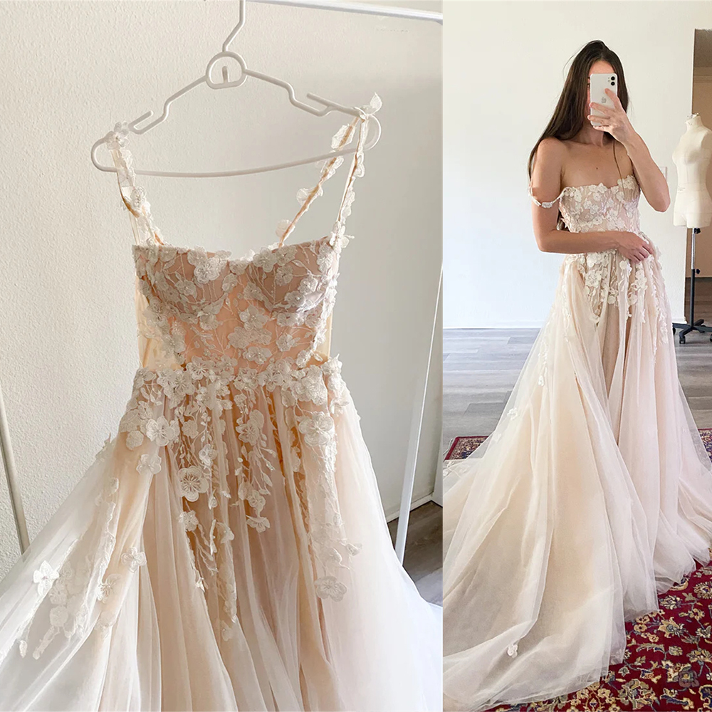 Charming Spaghetti strap 3D Fliwer Lace Applique Bridal Grown A Line Wedding Dresses Light Champagne Custom Made Color/Size