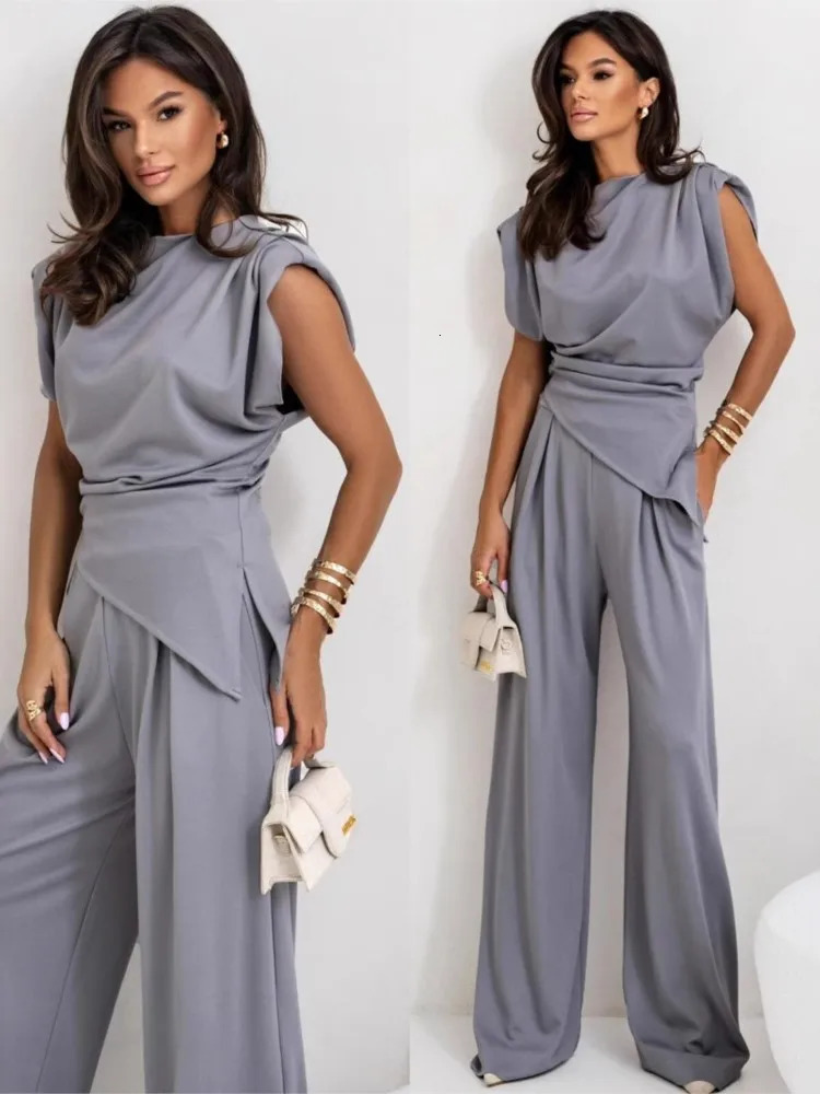 Summer Fashion Solid Two Piece Sets Women Elegant Slim Office Suit Casual Irregular Top And Wide Leg Pants 2 Piece Set Female250825