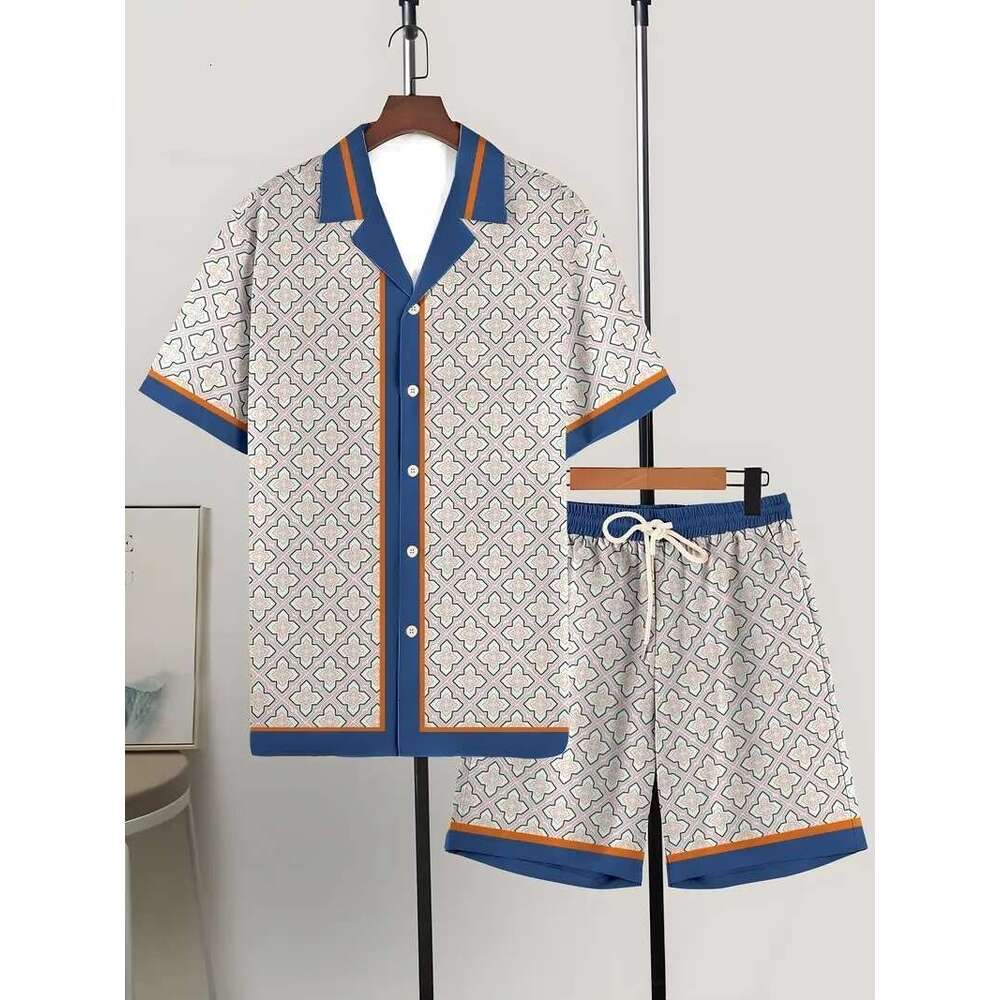 Designer Print Men's Shirt Gradient Short Sleeve And Beach Shorts Sets Summer Casual Loose Shirts Hawaiian Style Man Outfit